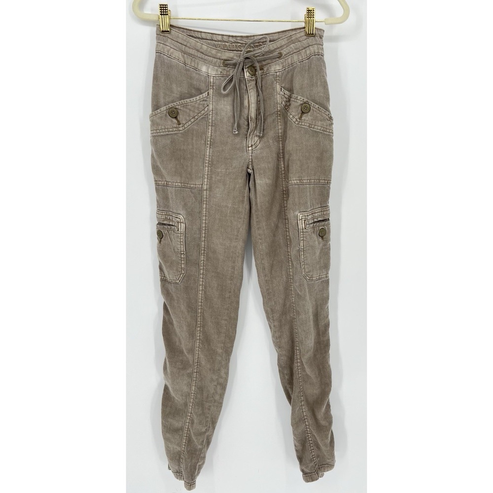 American Eagle Pants 00 Beige Cargo‎ Pockets Linen Blend Skinny Vintage Washed